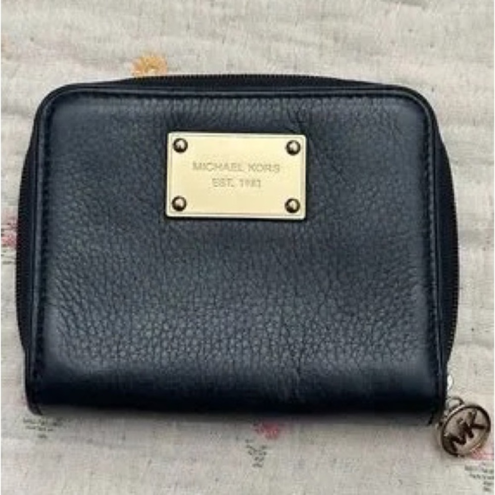Michael Kors Black Pebbled Leather Zip-Around Wallet with Gold Plaque